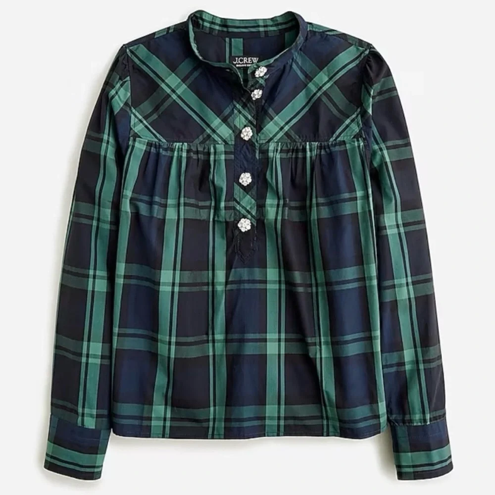 J. Crew Fresco top with jewel‎ buttons in Black Watch tartan